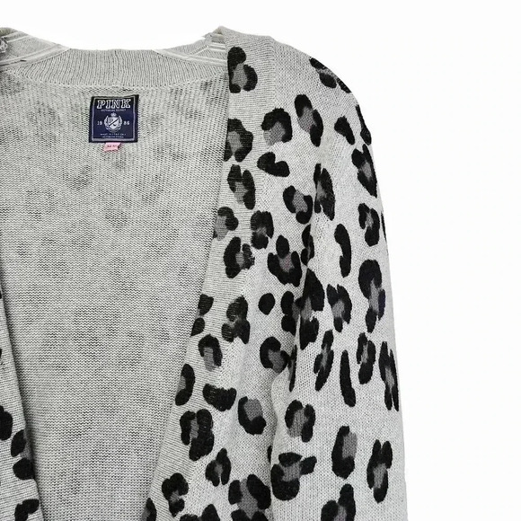 Victoria’s Secret PINK Leopard Boyfriend Cardigan Women M Gray Long Cotton - Picture 7 of 12